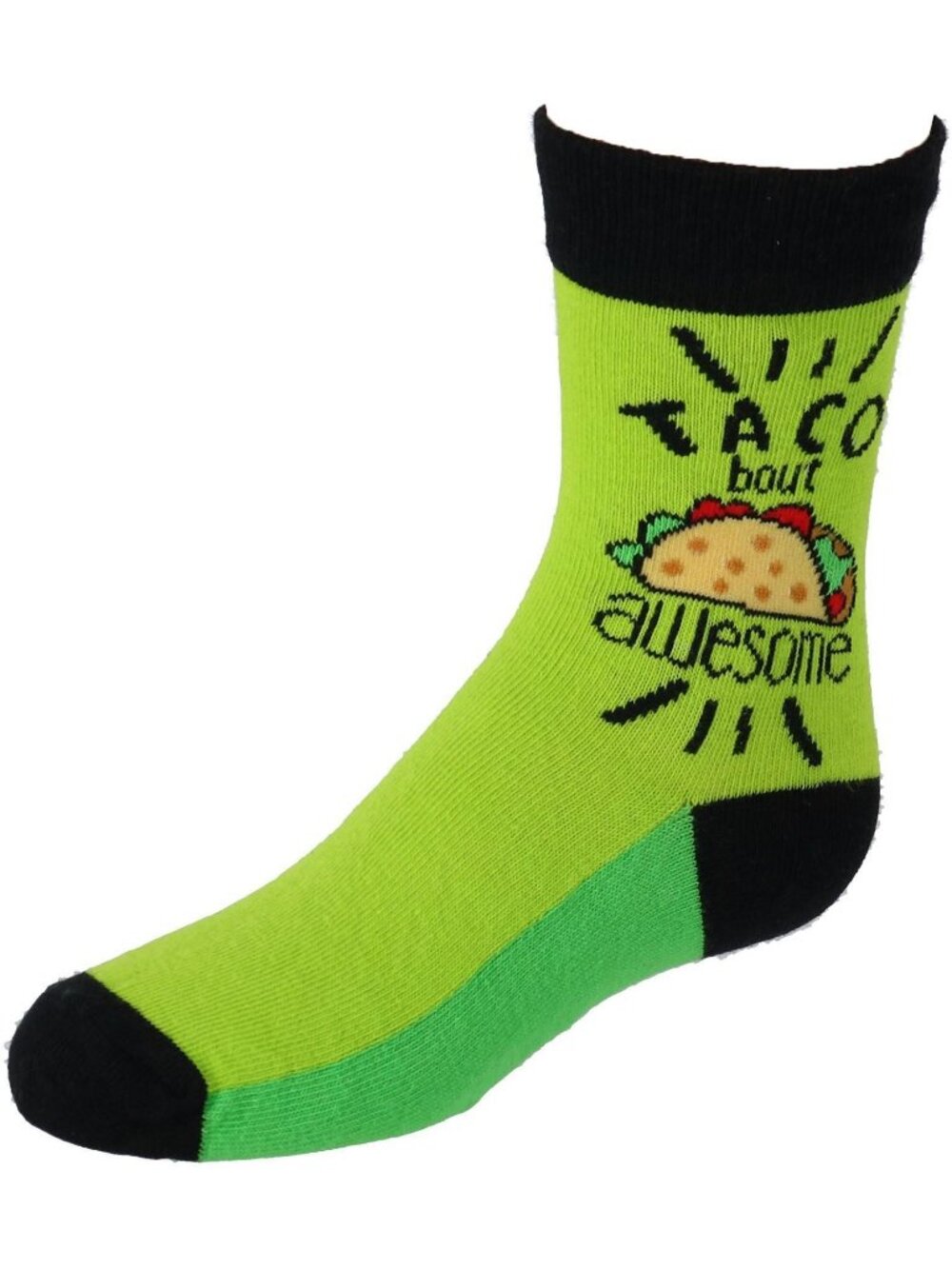 Taco Bout Awesome Kids Socks By Two Left Feet Neon Green Ages 7-10 Sizes 1-5